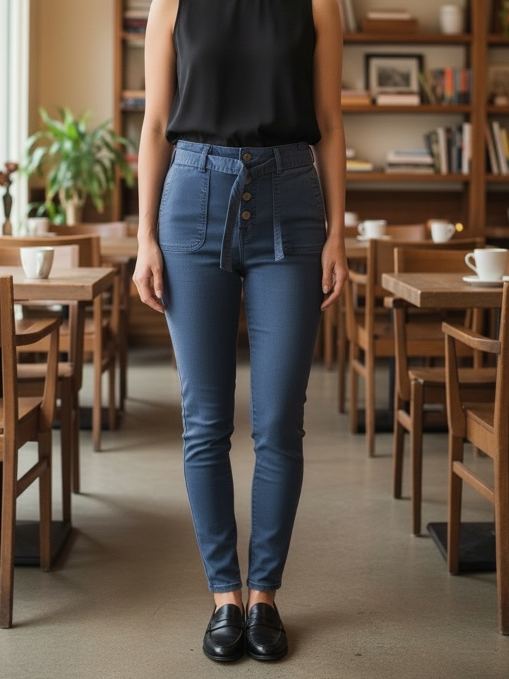 American Eagle Hi-Rise Blue Women's Skinny Jeggin with Button Front & Tie waist